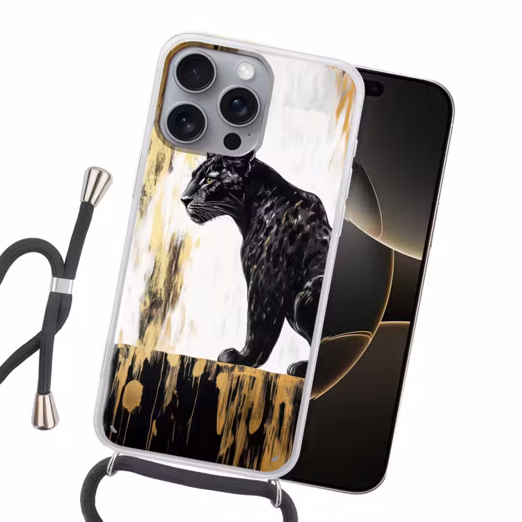Panter - Zwart - Abstract - Goud Hoesje iPhone 16 Pro Max met koord klein -sfeer1