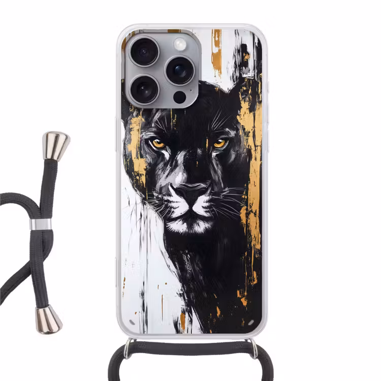 Panter - Zwart - Abstract - Verfstreken Hoesje iPhone 16 Pro Max met koord klein -3d