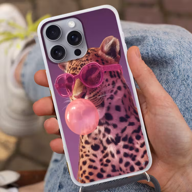 Panter - Zonnebril - Kauwgombel - Roze Hoesje iPhone 16 Pro Max met koord klein -sfeer3
