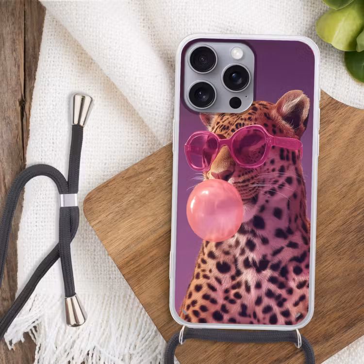 Panter - Zonnebril - Kauwgombel - Roze Hoesje iPhone 16 Pro Max met koord klein -sfeer4