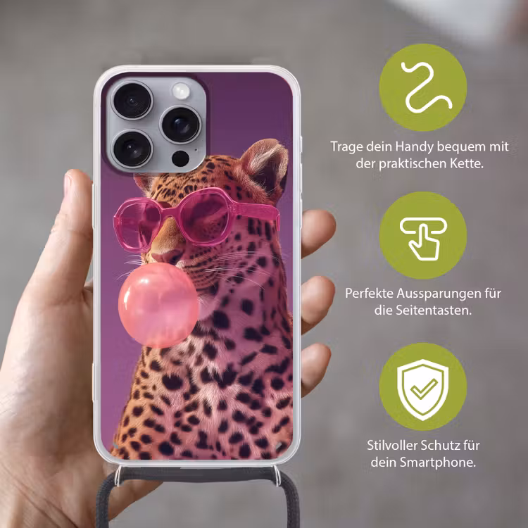 Panter - Zonnebril - Kauwgombel - Roze Hoesje iPhone 16 Pro Max met koord klein -sfeer2_DE