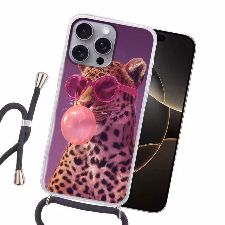 Panter - Zonnebril - Kauwgombel - Roze Hoesje iPhone 16 Pro Max met koord klein -sfeer1