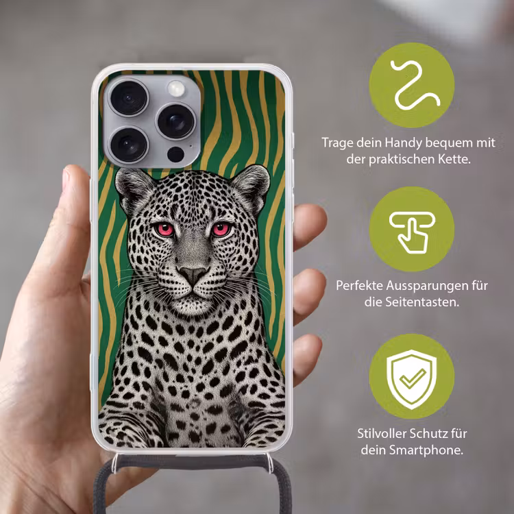 Panter - Zebrapatroon - Groen Hoesje iPhone 16 Pro Max met koord klein -sfeer2_DE