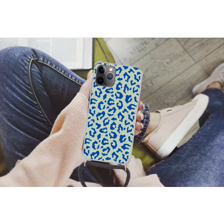 Panterprint - Blauw - Groen - Dierenprint Hoesje iPhone 12 Pro met koord klein -hand