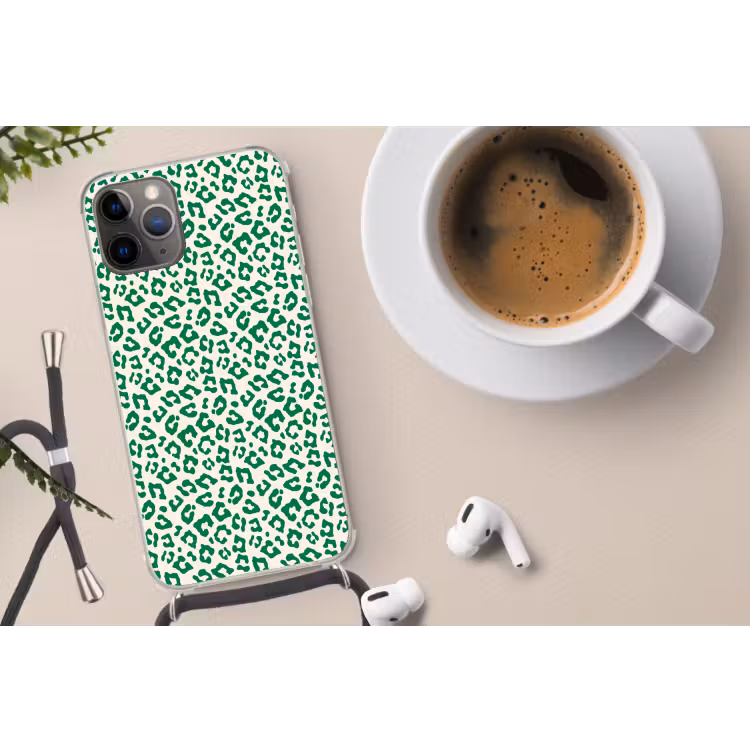 Panterprint - Groen - Beige - Dierenprint Hoesje iPhone 12 Pro met koord klein -oordop