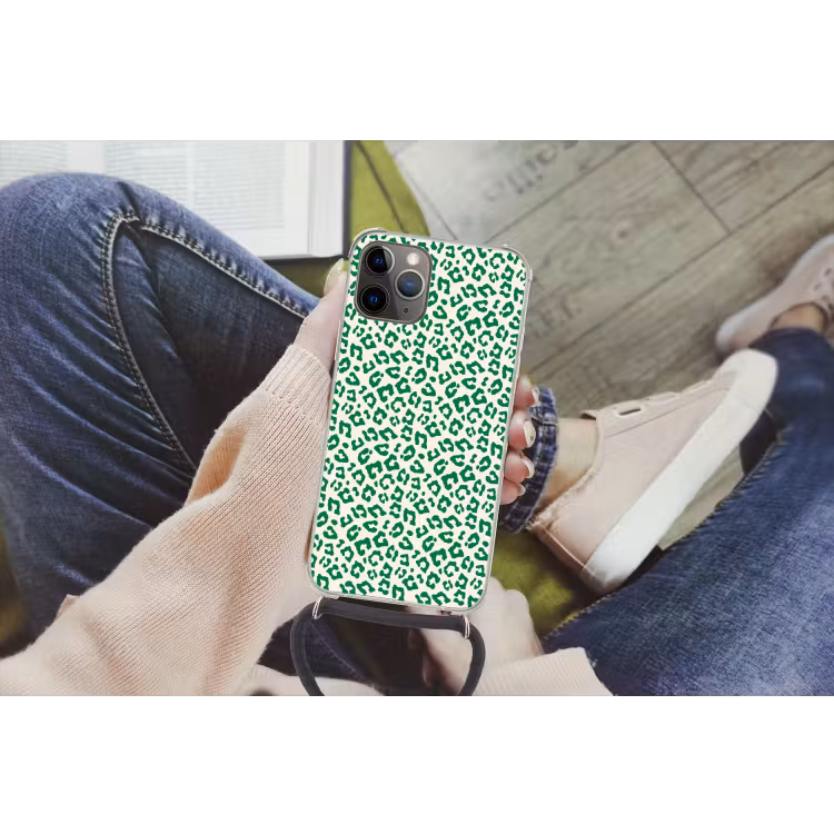 Panterprint - Groen - Beige - Dierenprint Hoesje iPhone 12 Pro met koord klein -hand