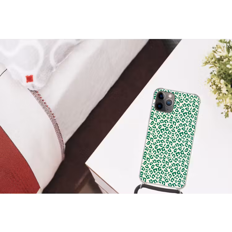 Panterprint - Groen - Beige - Dierenprint Hoesje iPhone 12 Pro met koord klein -kamer