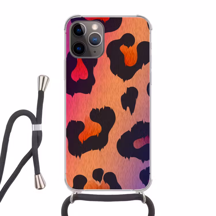 Panterprint - Roze - Paars - Oranje Hoesje iPhone 12 Pro met koord klein -3d