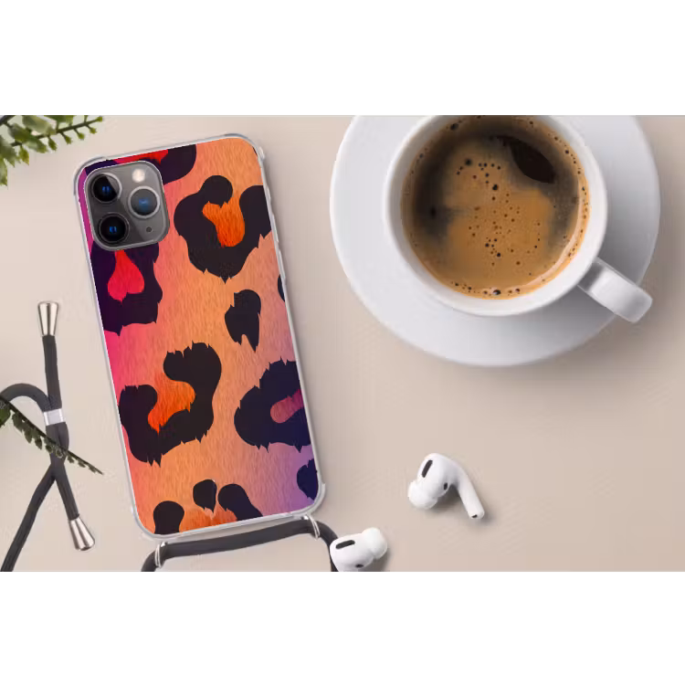 Panterprint - Roze - Paars - Oranje Hoesje iPhone 12 Pro met koord klein -oordop