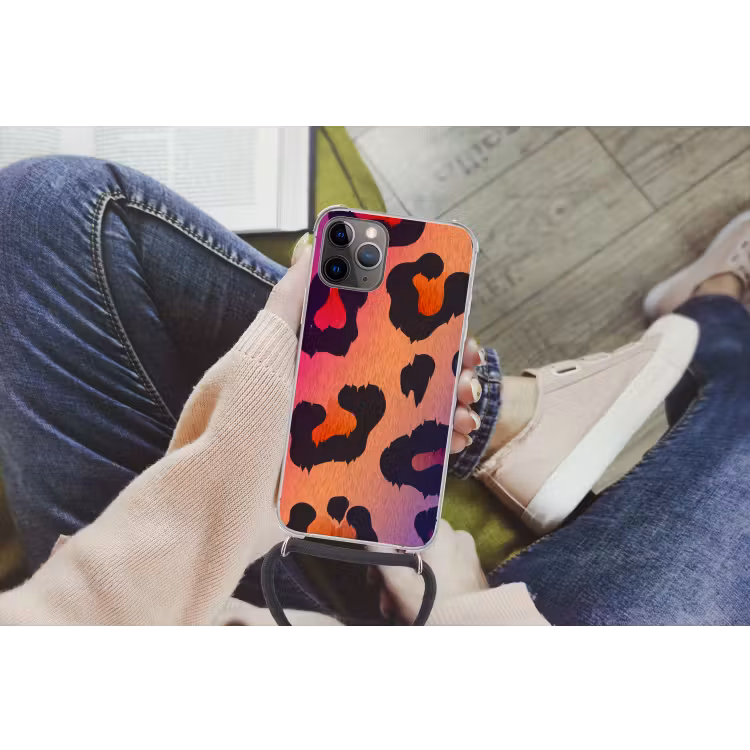 Panterprint - Roze - Paars - Oranje Hoesje iPhone 12 Pro met koord klein -hand