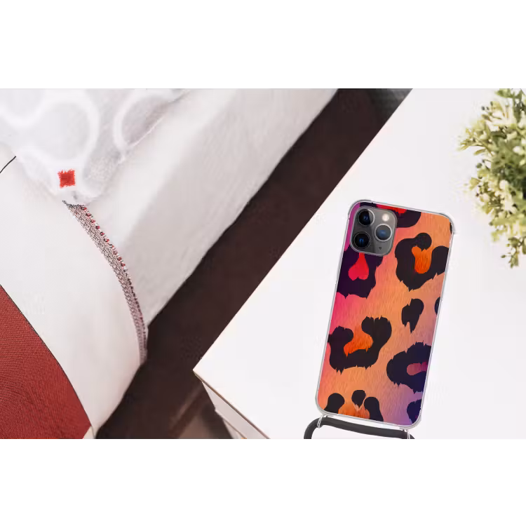 Panterprint - Roze - Paars - Oranje Hoesje iPhone 12 Pro met koord klein -kamer