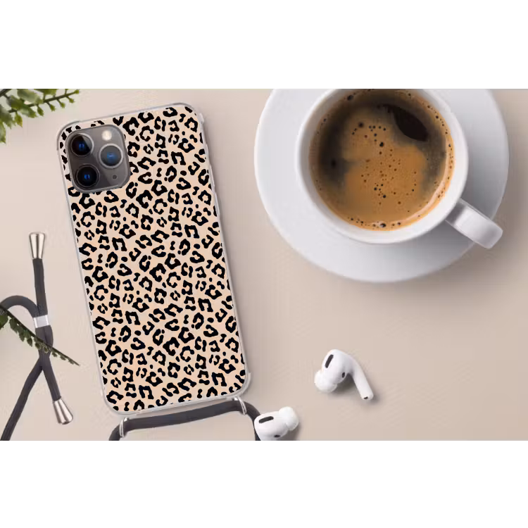 Panterprint - Zwart - Bruin - Dierenprint Hoesje iPhone 12 Pro met koord klein -oordop