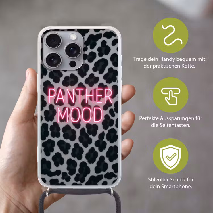 Panterprint - Zwart - Neonletters - Roze Hoesje iPhone 16 Pro Max met koord klein -sfeer2_DE