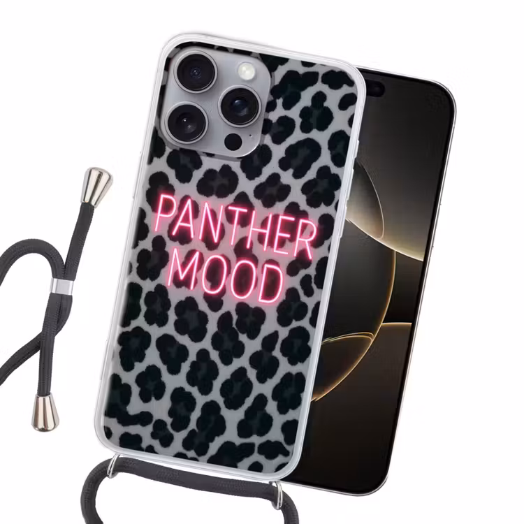 Panterprint - Zwart - Neonletters - Roze Hoesje iPhone 16 Pro Max met koord klein -sfeer1