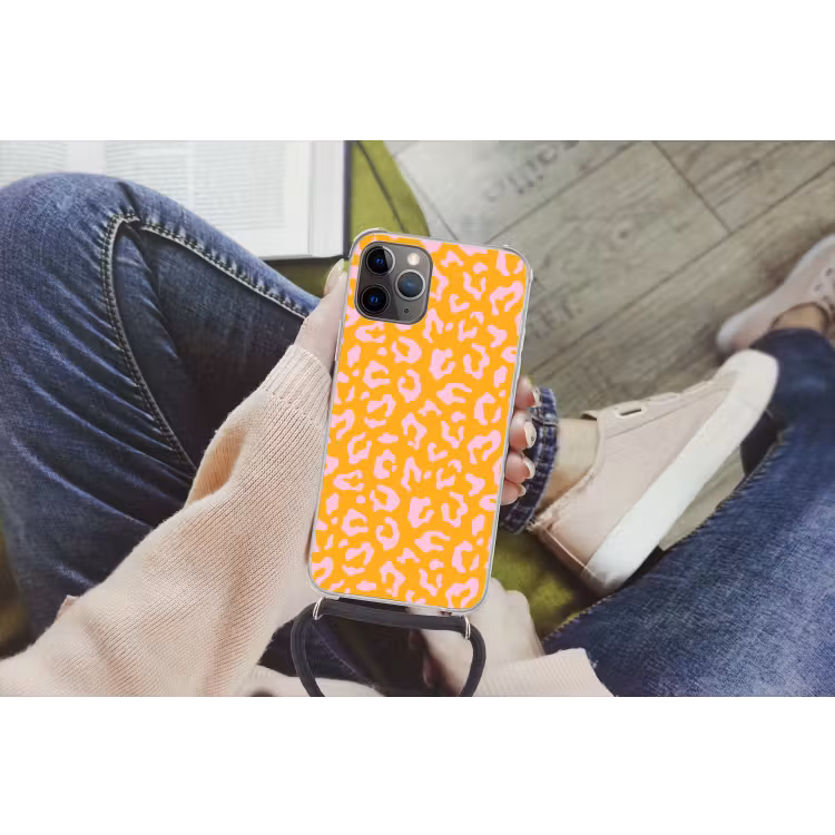 Panterprint - Oranje - Roze - Dierenprint Hoesje iPhone 12 Pro met koord klein -hand