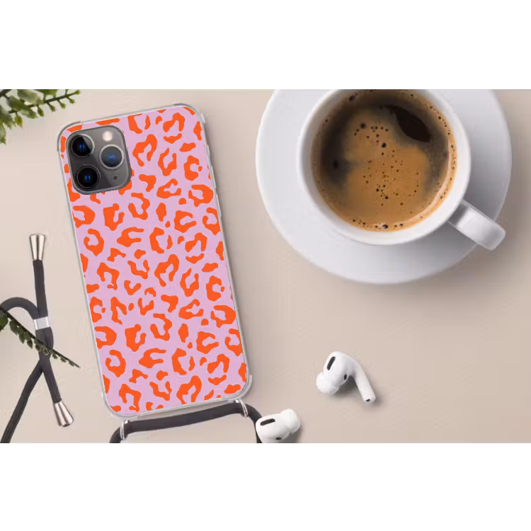 Panterprint - Rood - Paars - Roze - Dierenprint Hoesje iPhone 12 Pro met koord klein -oordop
