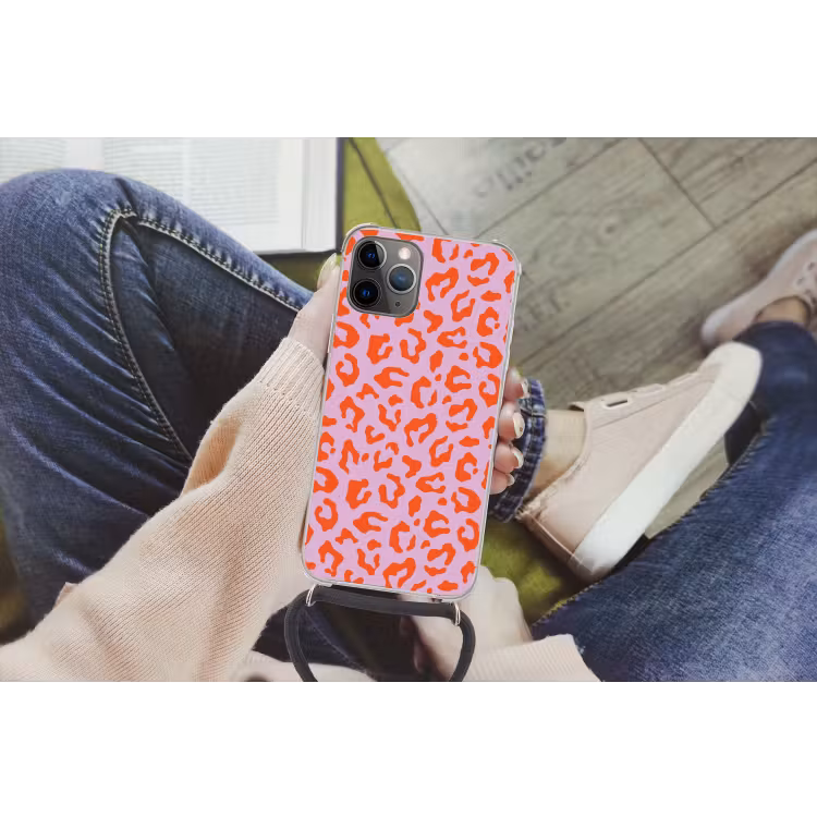 Panterprint - Rood - Paars - Roze - Dierenprint Hoesje iPhone 12 Pro met koord klein -hand