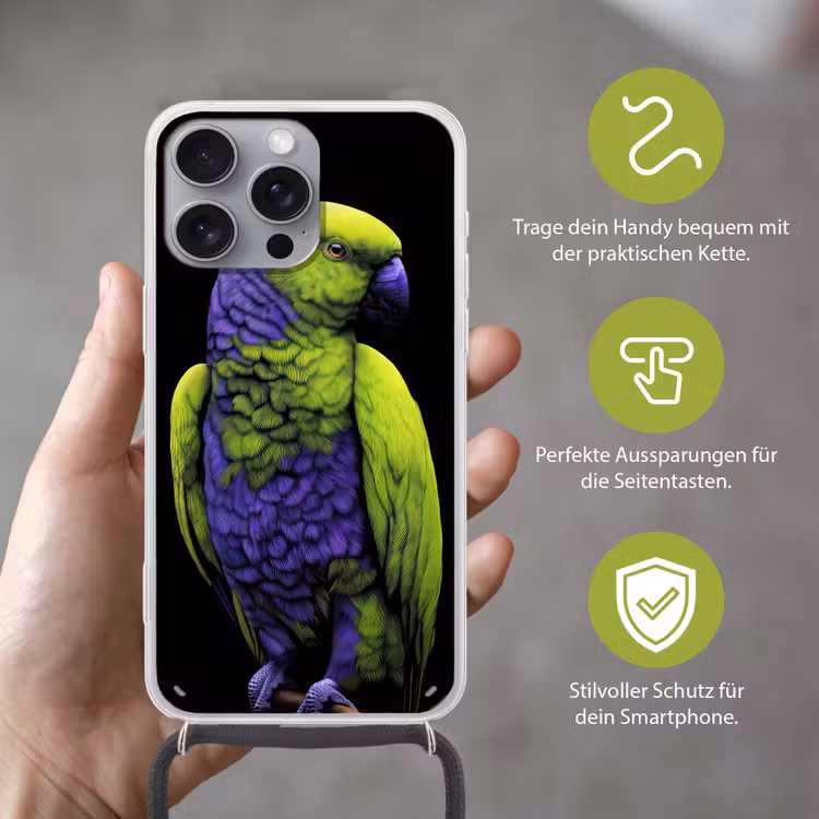Papegaai - Veren - Opvallend - Groen Hoesje iPhone 16 Pro Max met koord klein -sfeer2_DE
