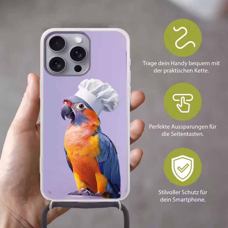 Papegaai - Koksmuts - Paars - Cute Hoesje iPhone 16 Pro Max met koord klein -sfeer2_DE