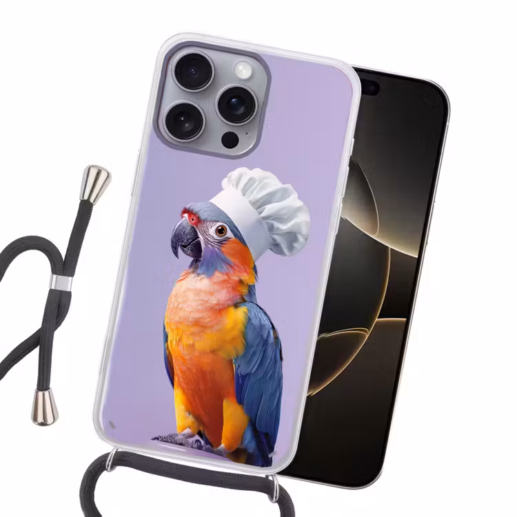 Papegaai - Koksmuts - Paars - Cute Hoesje iPhone 16 Pro Max met koord klein -sfeer1