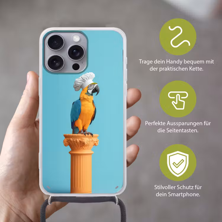 Papegaai - Koksmuts - Grappig - Vogel Hoesje iPhone 16 Pro Max met koord klein -sfeer2_DE