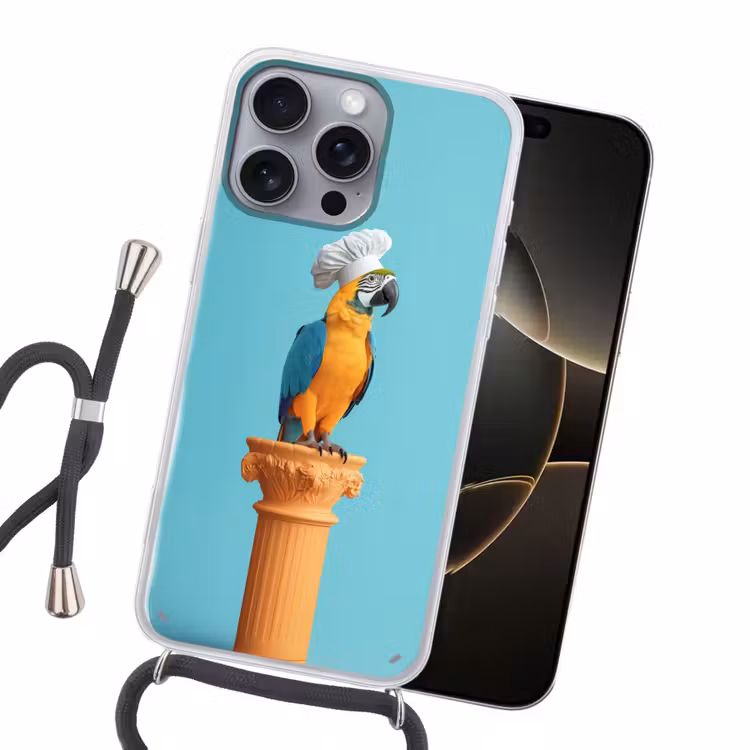 Papegaai - Koksmuts - Grappig - Vogel Hoesje iPhone 16 Pro Max met koord klein -sfeer1