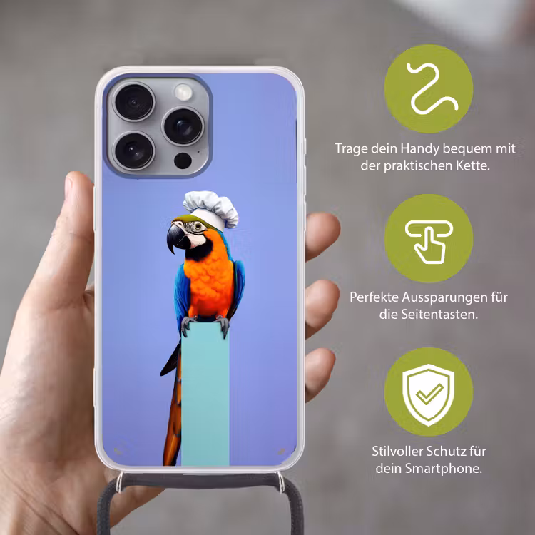 Papegaai - Koksmuts - Vogel - Leuk Hoesje iPhone 16 Pro Max met koord klein -sfeer2_DE