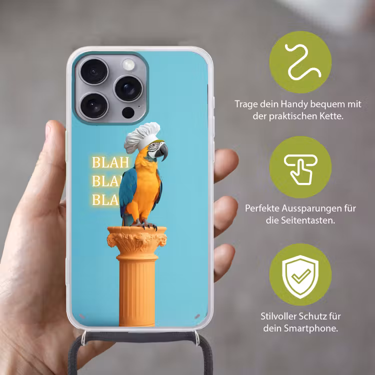 Papegaai - Koksmuts - Quote - Neon Hoesje iPhone 16 Pro Max met koord klein -sfeer2_DE