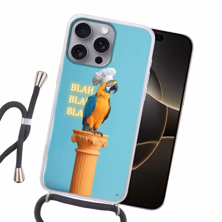 Papegaai - Koksmuts - Quote - Neon Hoesje iPhone 16 Pro Max met koord klein -sfeer1