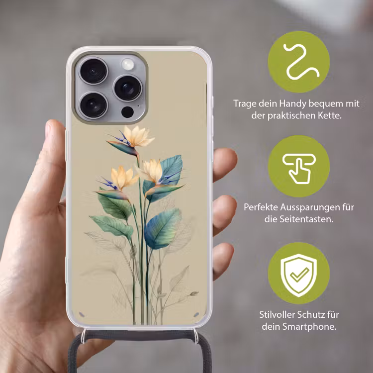 Paradijsvogelbloemen - Blauwgroene bladeren - Beige Hoesje iPhone 16 Pro Max met koord klein -sfeer2_DE