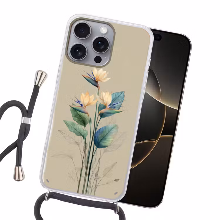 Paradijsvogelbloemen - Blauwgroene bladeren - Beige Hoesje iPhone 16 Pro Max met koord klein -sfeer1