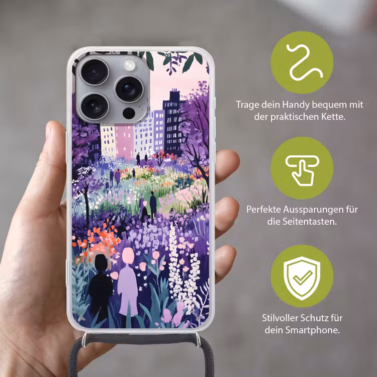 Park - Bomen - Bloemen - Gebouwen Hoesje iPhone 16 Pro Max met koord klein -sfeer2_DE