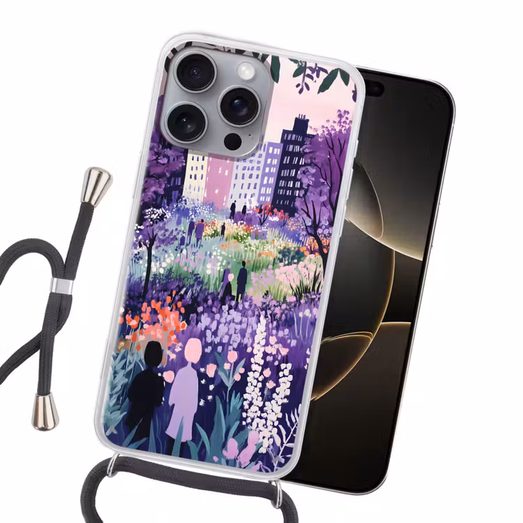 Park - Bomen - Bloemen - Gebouwen Hoesje iPhone 16 Pro Max met koord klein -sfeer1