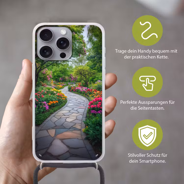 Park - Bloemen - Tuin Hoesje iPhone 16 Pro Max met koord klein -sfeer2_DE