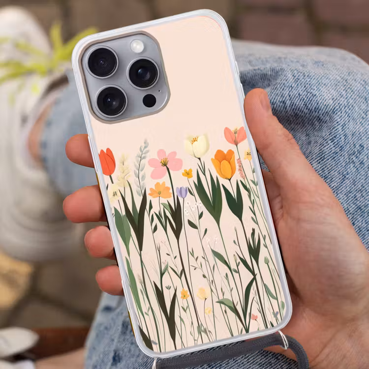 Pasteltinten - Bloemen - Illustratie Hoesje iPhone 16 Pro Max met koord klein -sfeer3