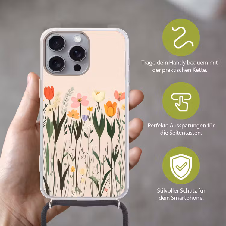 Pasteltinten - Bloemen - Illustratie Hoesje iPhone 16 Pro Max met koord klein -sfeer2_DE