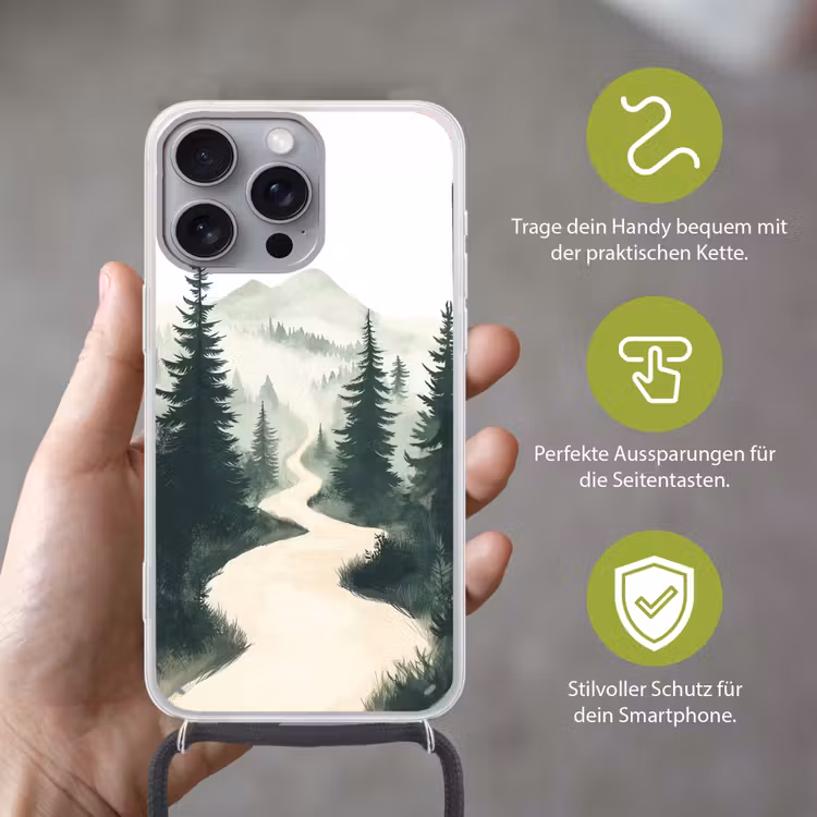 Pad - Bomen - Bos - Illustratie Hoesje iPhone 16 Pro Max met koord klein -sfeer2_DE