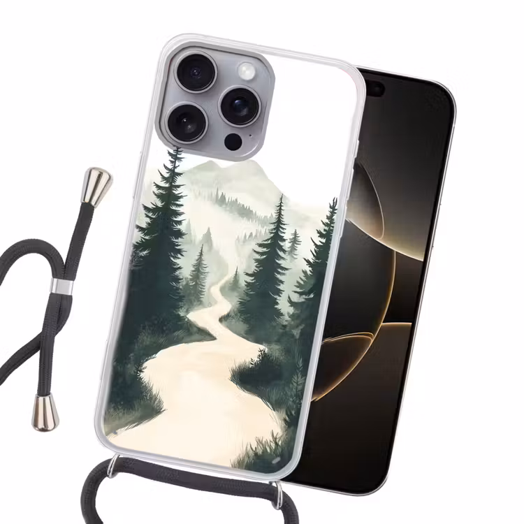 Pad - Bomen - Bos - Illustratie Hoesje iPhone 16 Pro Max met koord klein -sfeer1