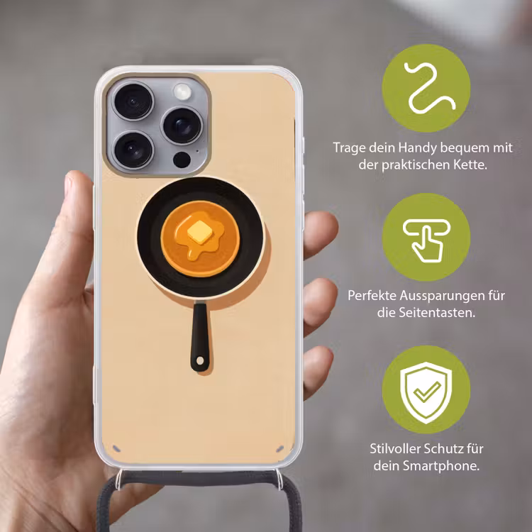 Pannenkoek - Koekenpan - Boter - Minimalistisch Hoesje iPhone 16 Pro Max met koord klein -sfeer2_DE