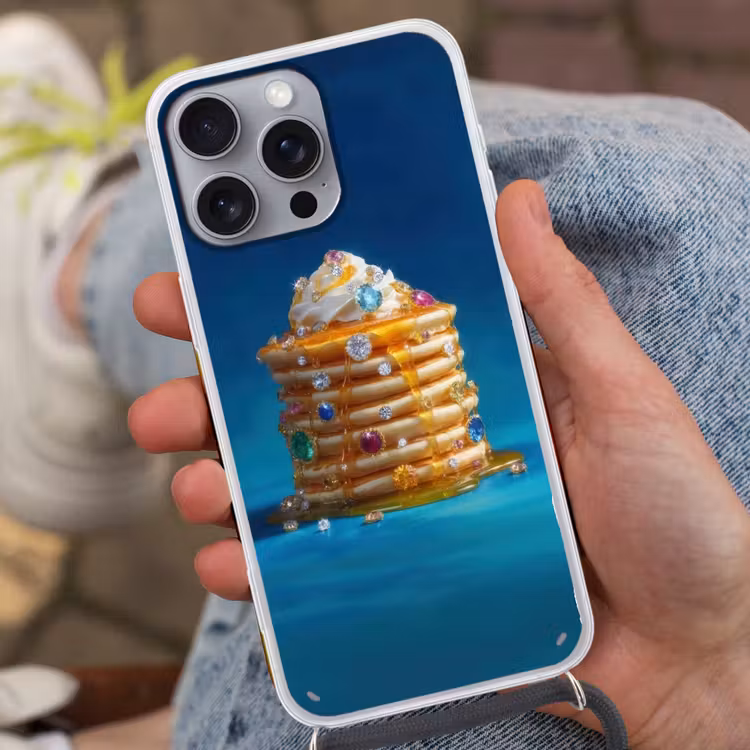 Pannenkoeken - Steentjes - Glitter - Slagroom Hoesje iPhone 16 Pro Max met koord klein -sfeer3