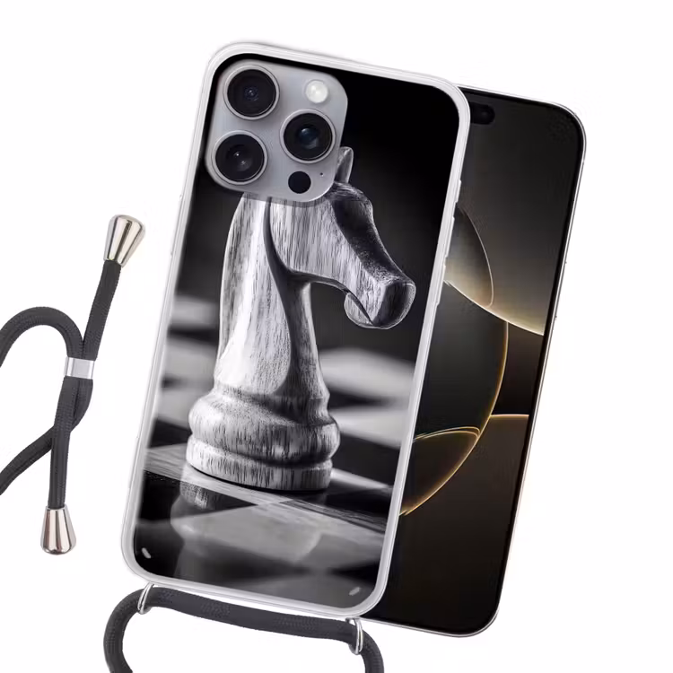 Paard - Hout - Schaalbord - Zwart Hoesje iPhone 16 Pro Max met koord klein -sfeer1