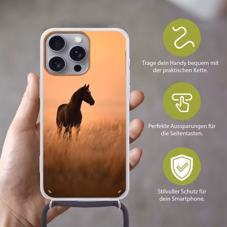 Paard - Grasveld - Zonsondergang Hoesje iPhone 16 Pro Max met koord klein -sfeer2_DE