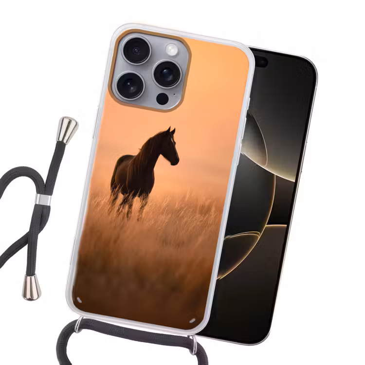 Paard - Grasveld - Zonsondergang Hoesje iPhone 16 Pro Max met koord klein -sfeer1