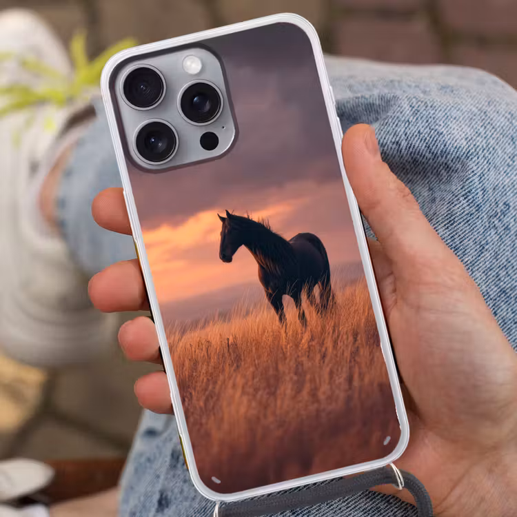 Paard - Wolken - Open veld Hoesje iPhone 16 Pro Max met koord klein -sfeer3