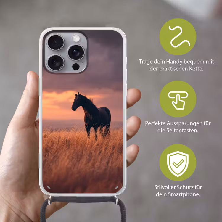 Paard - Wolken - Open veld Hoesje iPhone 16 Pro Max met koord klein -sfeer2_DE