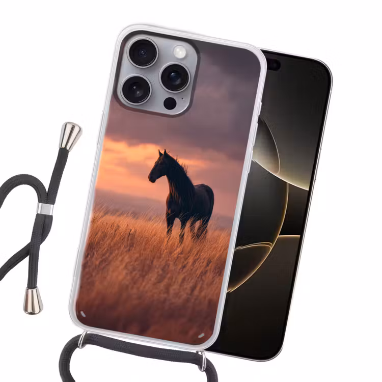 Paard - Wolken - Open veld Hoesje iPhone 16 Pro Max met koord klein -sfeer1