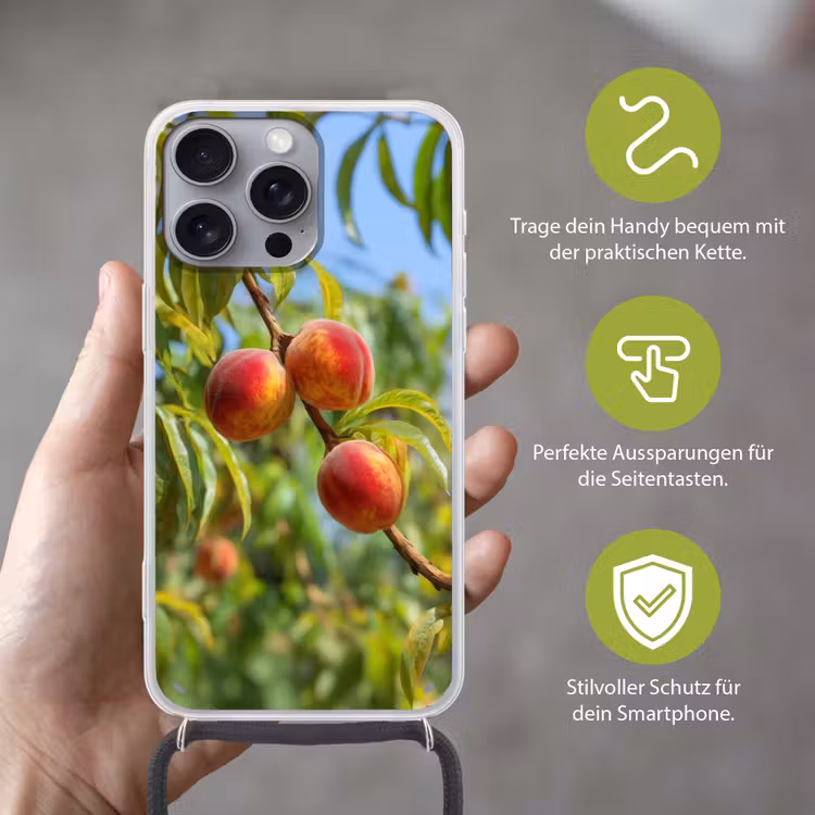 Perzik - Bladeren - Zonlicht Hoesje iPhone 16 Pro Max met koord klein -sfeer2_DE