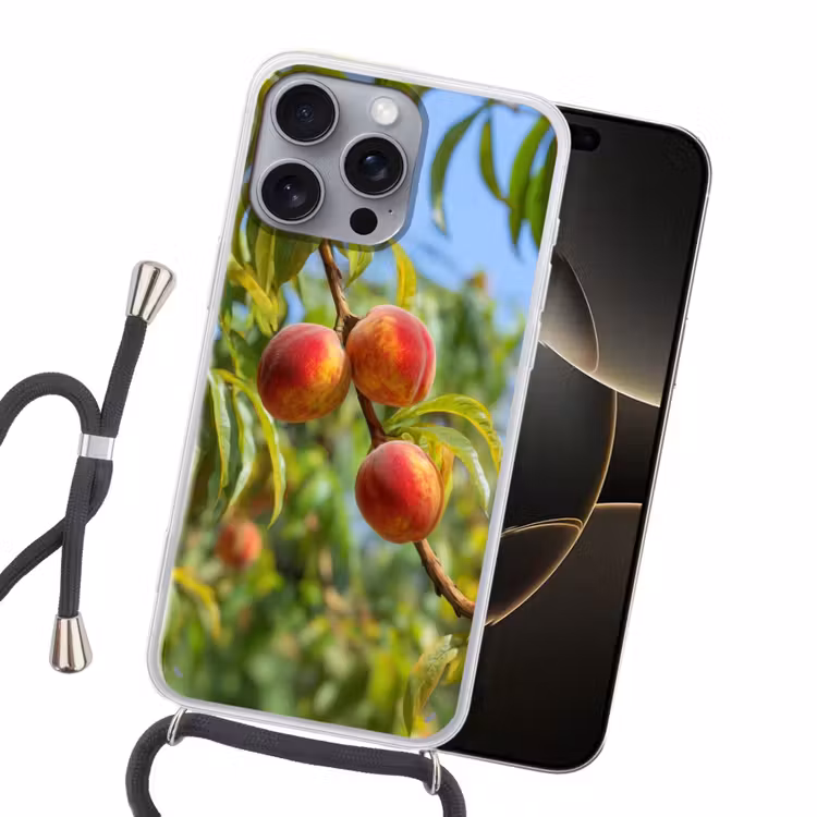 Perzik - Bladeren - Zonlicht Hoesje iPhone 16 Pro Max met koord klein -sfeer1