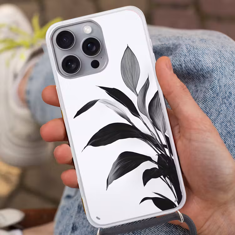 Plant - Bladeren - Minimalistisch - Zwart Hoesje iPhone 16 Pro Max met koord klein -sfeer3