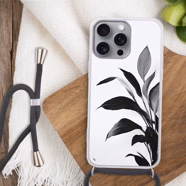 Plant - Bladeren - Minimalistisch - Zwart Hoesje iPhone 16 Pro Max met koord klein -sfeer4